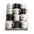 A four tier table top wood displayer with an assortment of cream and black mugs with different inspirational sayings.