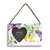 A rectangular wood hanging frame with a heart shaped 2 inch photo opening next to a watercolor image of colorful butterflies.