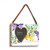 A rectangular wood hanging frame with a heart shaped 2 inch photo opening next to a watercolor image of colorful butterflies, displayed angled to the right.