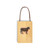 A wood hanging gift card ornament with an illustration of a brown cow on an orange background. The back has a holder for a gift card.