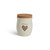 A cream ceramic candle with a gray heart and the word "teacher". The candle has a cork lid.