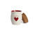 A cream ceramic container that says "together" with a red heart and a cork lid. There is a poured candle inside, displayed with the lid off and leaning against the side.