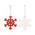 Back view of two large hanging ornaments shaped like snowflakes, one is red and the other white.