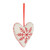 A white felt heart shaped ornament with a red embroidered snowflake, displayed angled to the right.