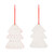 Back view of a set of two tree shaped ceramic ornaments, one red and one white. The ornaments have decorative markings and holes.