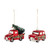 A set of two different blown glass red truck ornaments. One has a Christmas tree on top, displayed angled to the left.
