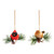 A pair of cardinal ornaments each sitting on a small evergreen branch.