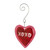 A red heart shaped glass ornament that says "XOXO" and is on a curved silver metal hanger, displayed angled to the left.