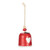 A mini red bell with a white heart on the front. There are beads and a metal token at the top of the bell, displayed angled to the right.