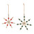 Back view of a set of two different wood bead snowflake ornaments. One is made from red and brown and the other is green and brown.