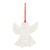 A white mini angel ornament hanging from a red ribbon. The ornament has the saying "mom" with decorative holes and images on the ceramic.