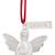 Detail view of the tag on a mini white bell ornament shaped like an angel holding a dove. There is a tag at the top with the word "Peace".