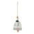 A mini white and gray bell with an image of Christopher Robin reattaching Eeyore's tail. There are beads and a metal token at the top of the bell, displayed angled to the left.