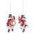 A set of two different snowman ornaments. Each is wearing red boots, scarf and a black top hat while holding either a wreath or small red tree.