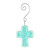 A light blue cross shaped glass ornament that says "Faith" and is on a silver metal curved hanger.