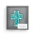 A light blue cross shaped glass ornament that says "Faith" and is on a silver metal curved hanger, displayed in a packaging box.