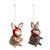 A set of two felted rabbit ornaments. One is brown and wearing a red hat and the other is gray and wearing a red scarf, displayed angled to the right.