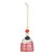 A mini white and red bell with a plaid pattern. There are beads and a metal token at the top of the bell.