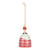 Back view of a mini white and red bell with a plaid pattern. There are beads and a metal token at the top of the bell.