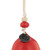Detail view of the beads on a mini red and white bell with the word "Believe" on the front. There are beads and a metal token at the top of the bell.
