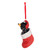 Left profile view of a hanging ornament of a black bear wearing a red Santa hat inside a red stocking.