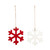 A set of two wood painted snowflake ornaments, one is red and the other is white.