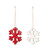 A set of two wood painted snowflake ornaments, one is red and the other is white, displayed angled to the left.