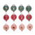 Twelve different holiday pins displayed on packaging backer cards shaped like ornaments in green red and pink.