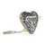 A silver heart shaped musical sculpture with a wing pattern that reads "always in my heart". The heart has a silver tassel and gold key attached, displayed angled to the right.