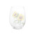 Back view of a clear stemless wine glass with a watercolor image of yellow sunflowers.