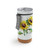 A white cork bottom tumbler with a watercolor image of bright yellow sunflowers, displayed with a product tag attached.