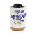 A white travel mug with a cork base, a black lid, and a watercolor image of a violet.
