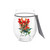 A clear stemless wine glass with a watercolor image of an Indian paintbrush, displayed with a product tag attached.
