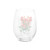Back view of a clear stemless wine glass with a watercolor image of an Indian paintbrush.