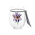 A clear stemless wine glass with a watercolor image of a purple iris, displayed with a product tag attached.