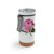 A white cork bottom tumbler with a watercolor image of a pink rose, displayed with a product tag attached.