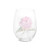 Back view of a clear stemless wine glass with a watercolor image of a pink rose.