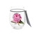 A clear stemless wine glass with a watercolor image of a pink rose, displayed with a product tag attached.
