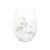 Back view of a clear stemless wine glass with a watercolor image of a sego lily.