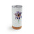 A white cork bottom tumbler with a watercolor image of a purple iris.