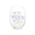 Back view of a clear stemless wine glass with a watercolor image of a violet.