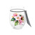 A clear stemless wine glass with a watercolor image of an apple blossom, displayed with a product tag attached.