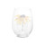 Back view of a clear stemless wine glass with a watercolor image of a black eyed susan.