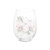 Back view of a clear stemless wine glass with a watercolor image of an American dogwood.