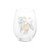 Back view of a clear stemless wine glass with a watercolor image of an orange blossom.