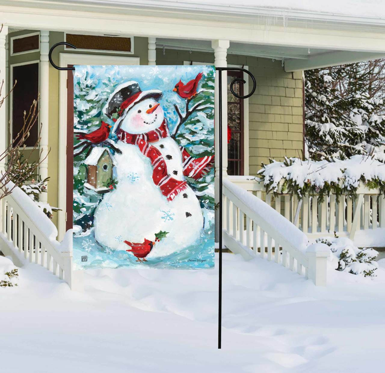 Snowman with Cardinals Garden Flag thumbnail