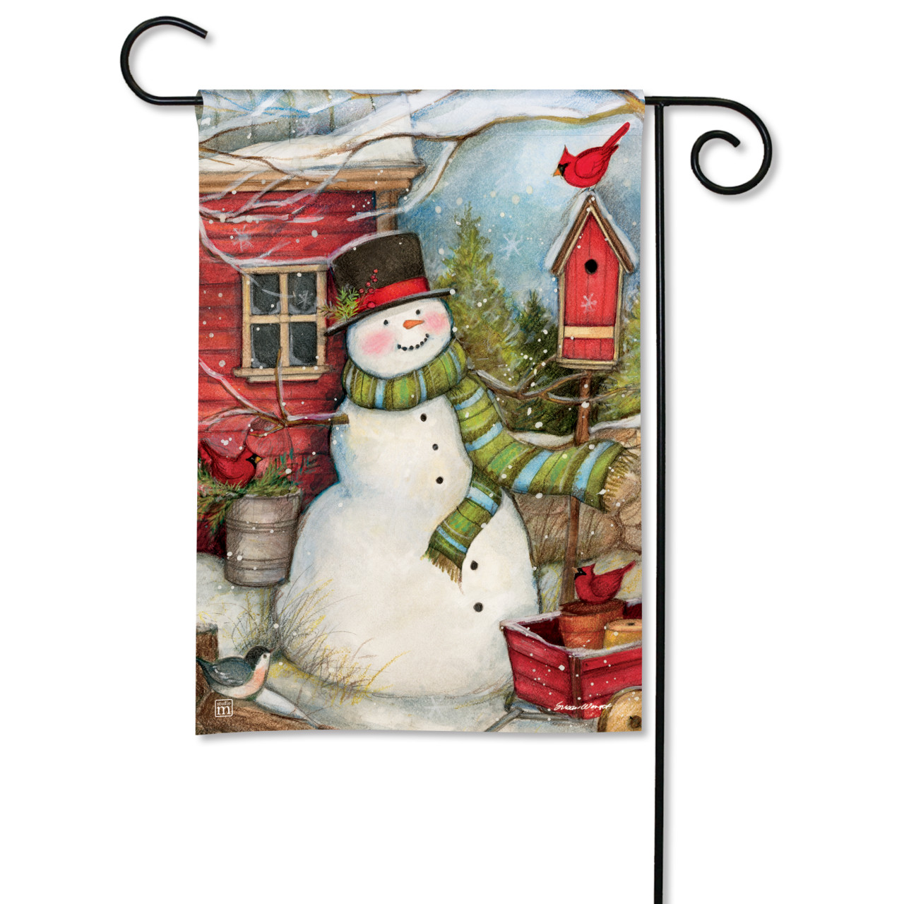 Red Barn Snowman Garden Flag thumbnail