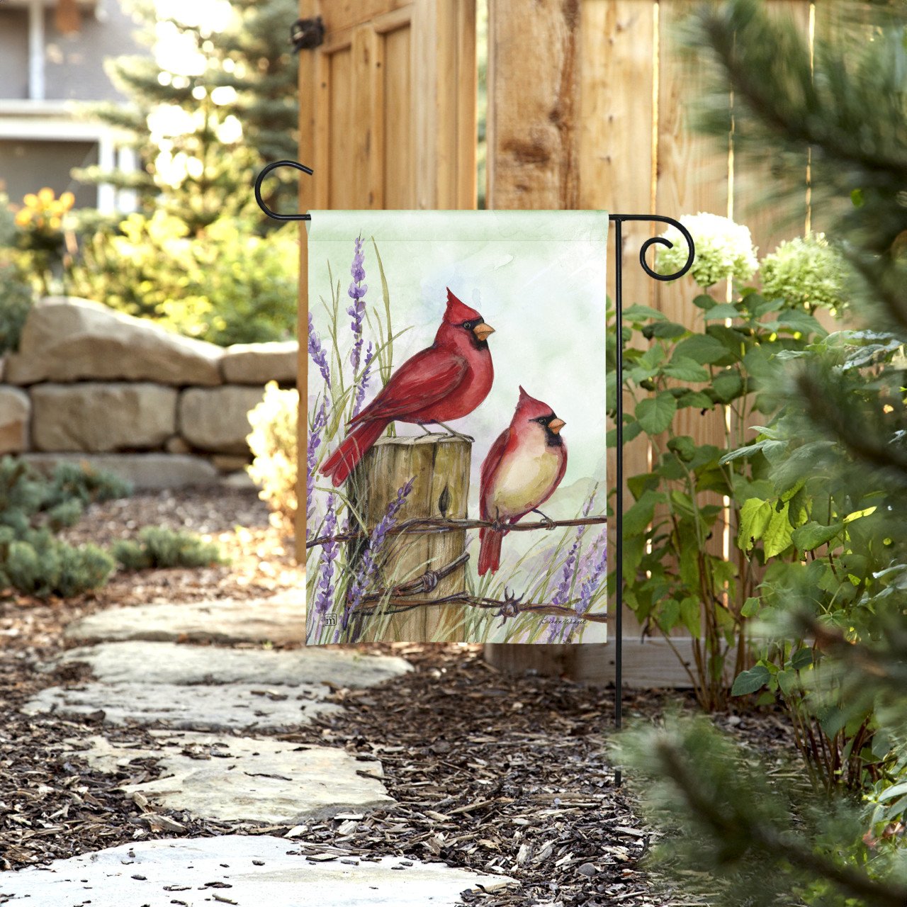 Cardinals on Wire Fence Garden Flag thumbnail