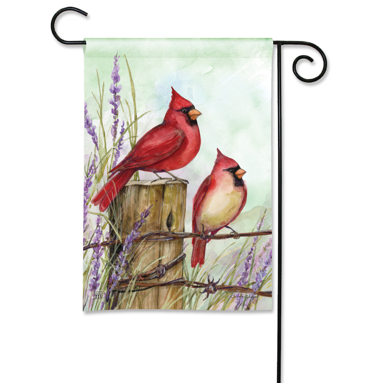 Cardinals on Wire Fence Garden Flag thumbnail
