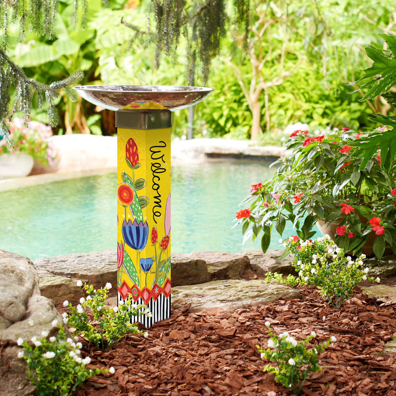 Bright Summer Flowers Bird Bath w/ST9025 Stainless Steel Topper thumbnail